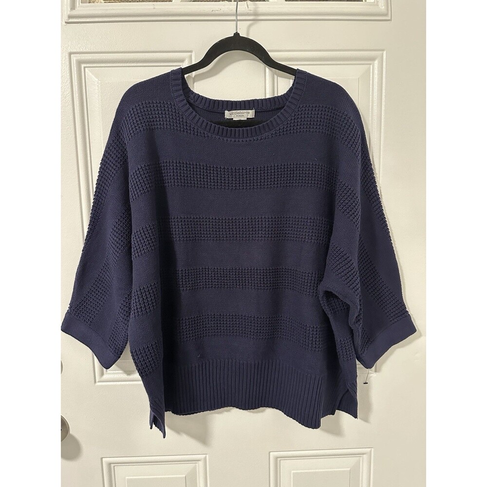 Liz Claiborne 3/4-Sleeve Stitch-Striped Sweater Plus Sizes 2X Navy Blue
